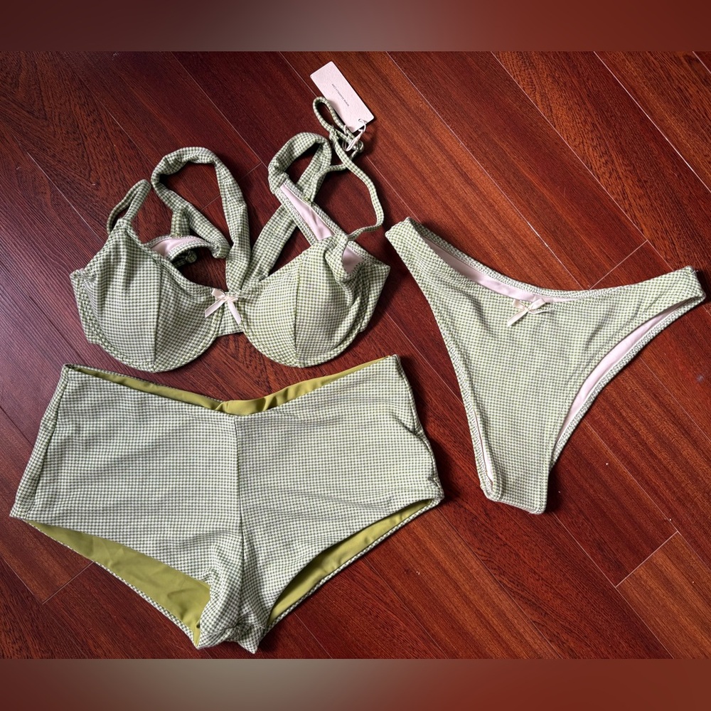 Seamolly Gingham Green Women's Bikini Set With Shorts